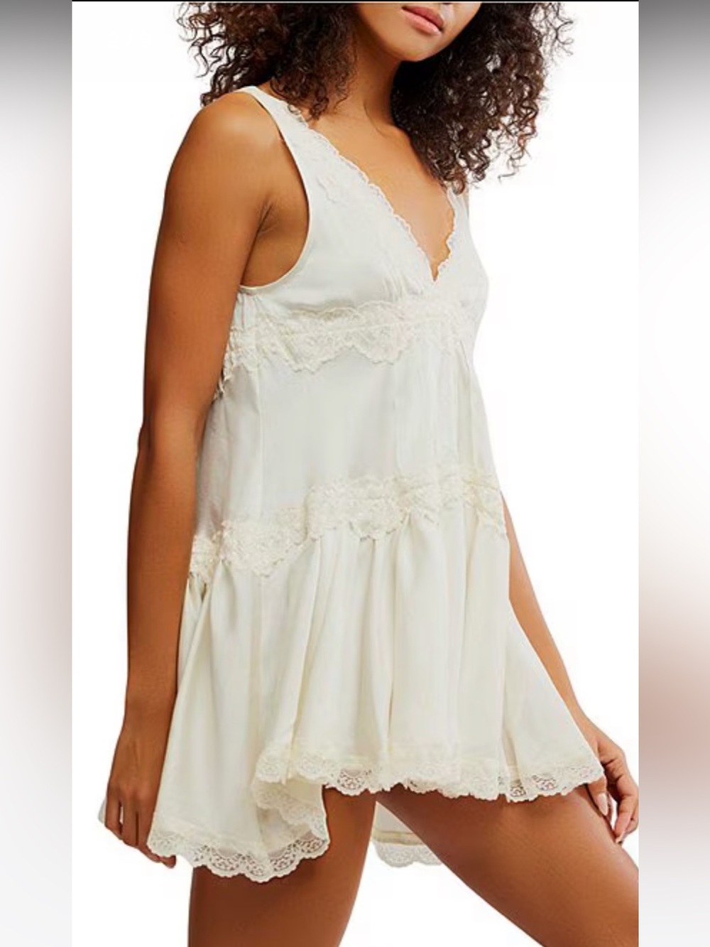 NWT🌷Free People Ivory Lace Trim V-neck Sleeveless Tiered Mini Slip Dress